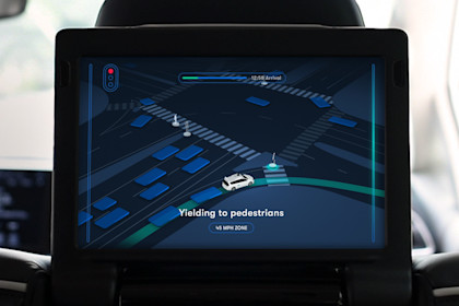 A carousel of photos of the Waymo One rider screen, illustrating what Waymo's autonomous driving technology sees while navigating