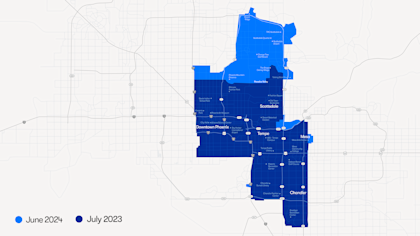 Map comparing Waymo's Metro Phoenix service area from July 2023 to June 2024