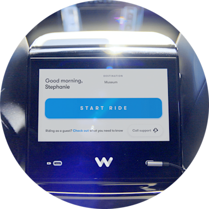 In-car screen showing destination and "Start Ride"