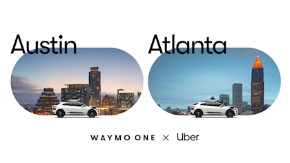Images of Waymo cars in Austin and Atlanta with logos for Waymo One and Uber